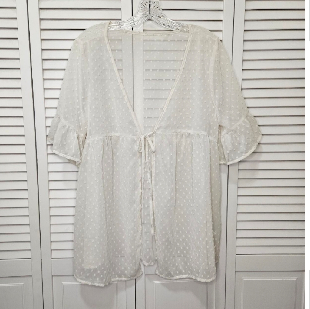 WhiteIvory Sheer Lace Babydoll Top Cardigan With Ruffles And Tie Front Size Med